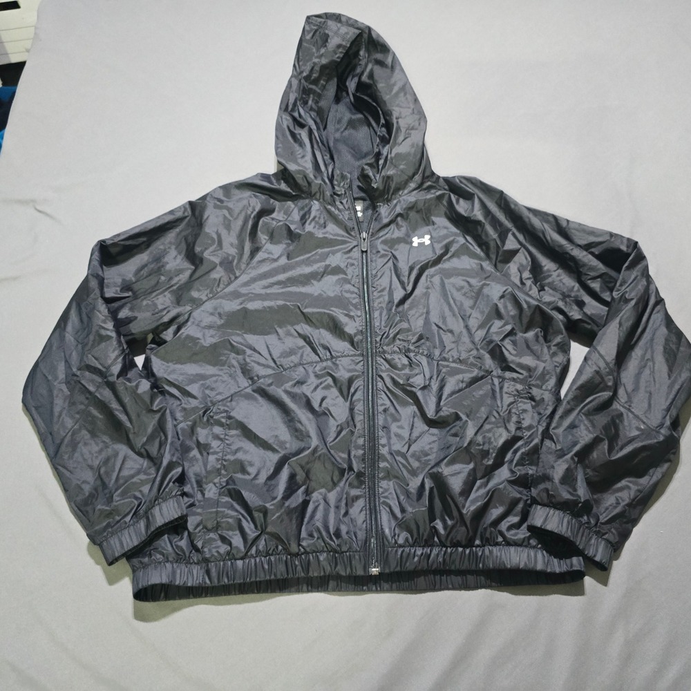 Under Armour Windbreaker Jacket Mens Medium Black Mesh Lined Full Zip Hooded